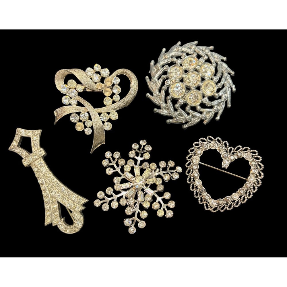 Vintage Clear Rhinestone Brooch Lot 5 Mid-Century Heart Wreath Snowflake Silver